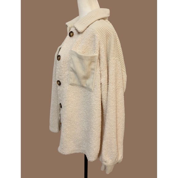 Bluenotes Small Ivory Corduroy Trim Sherpa Shirt Jacket Oversized Shacket‎ - Picture 3 of 6